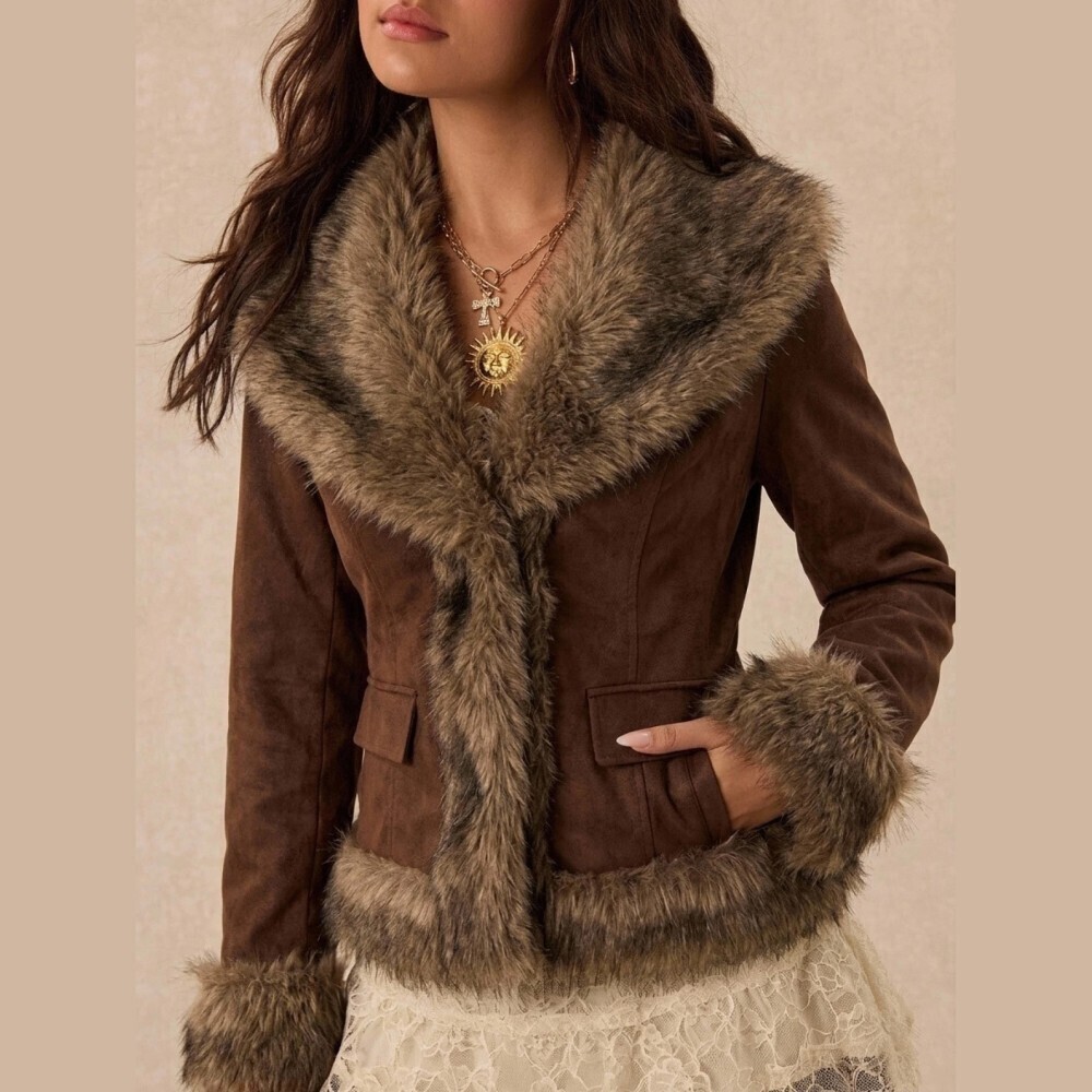 Brown Faux Suede Fur Trim Lapel Collar Cropped Jacket